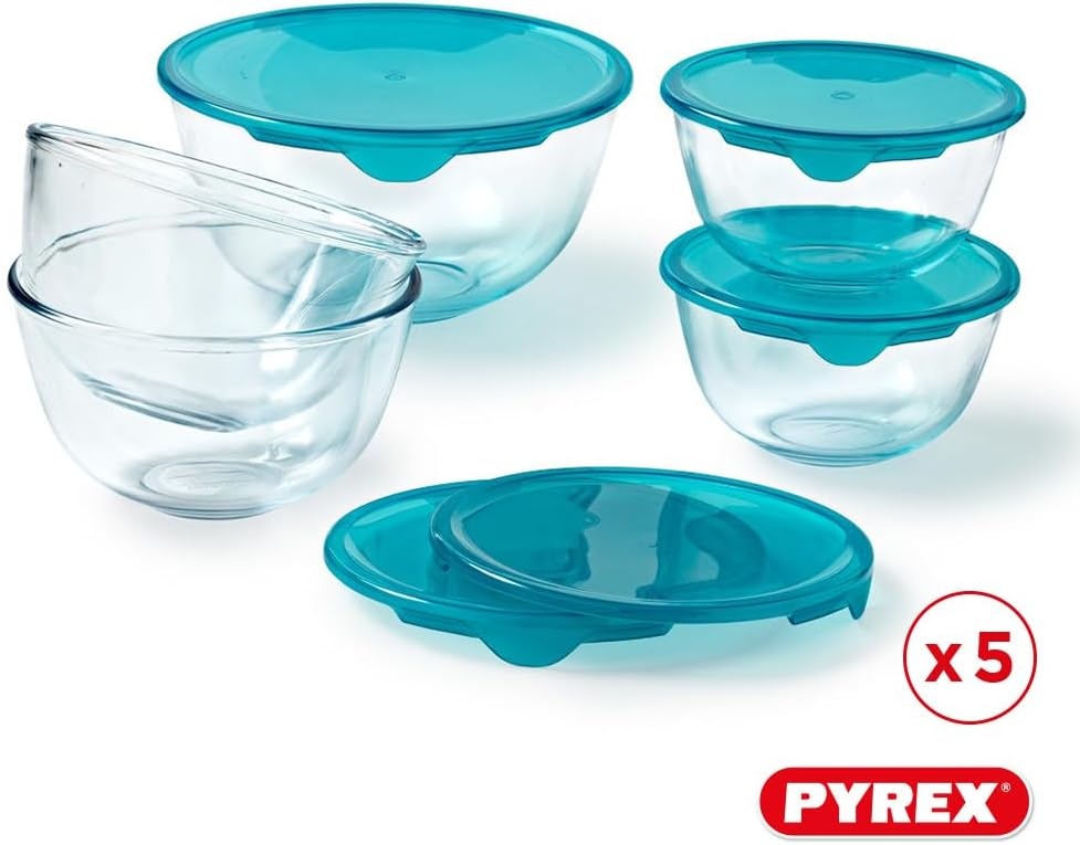 Pyrex - Set van 5 kommen/slakommen met deksel - 2x0,5L + 2x1L + 1x2L - Borosilicaat glas - Extreem sterk - Vaatwasmachinebestendig - Made in France