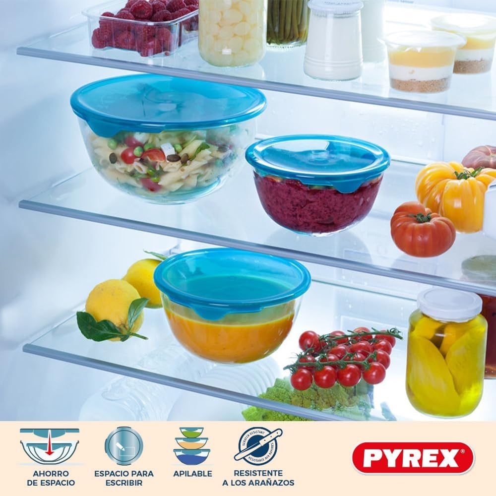 Pyrex - Set van 5 kommen/slakommen met deksel - 2x0,5L + 2x1L + 1x2L - Borosilicaat glas - Extreem sterk - Vaatwasmachinebestendig - Made in France