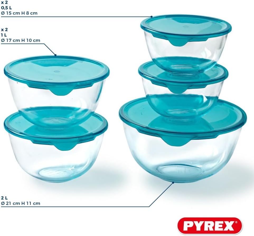 Pyrex - Set van 5 kommen/slakommen met deksel - 2x0,5L + 2x1L + 1x2L - Borosilicaat glas - Extreem sterk - Vaatwasmachinebestendig - Made in France