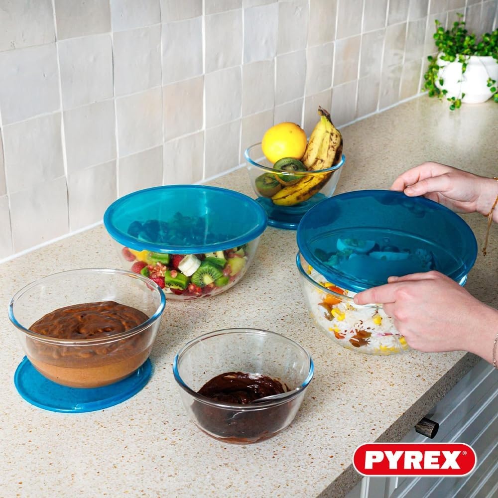 Pyrex - Set van 5 kommen/slakommen met deksel - 2x0,5L + 2x1L + 1x2L - Borosilicaat glas - Extreem sterk - Vaatwasmachinebestendig - Made in France
