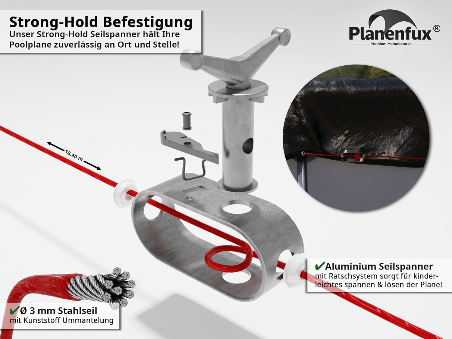 Planenfux® Poolafdekking rond 500 cm (voor Ø 460-500 cm bassins) | 2-in-1 zwembadplane van 200 g/m² PE materiaal | Zomer & winterplane zwembad | UV-resistente zonneplane afdekplane | Ø560cm ronde - Maat 560 cm (Rond)