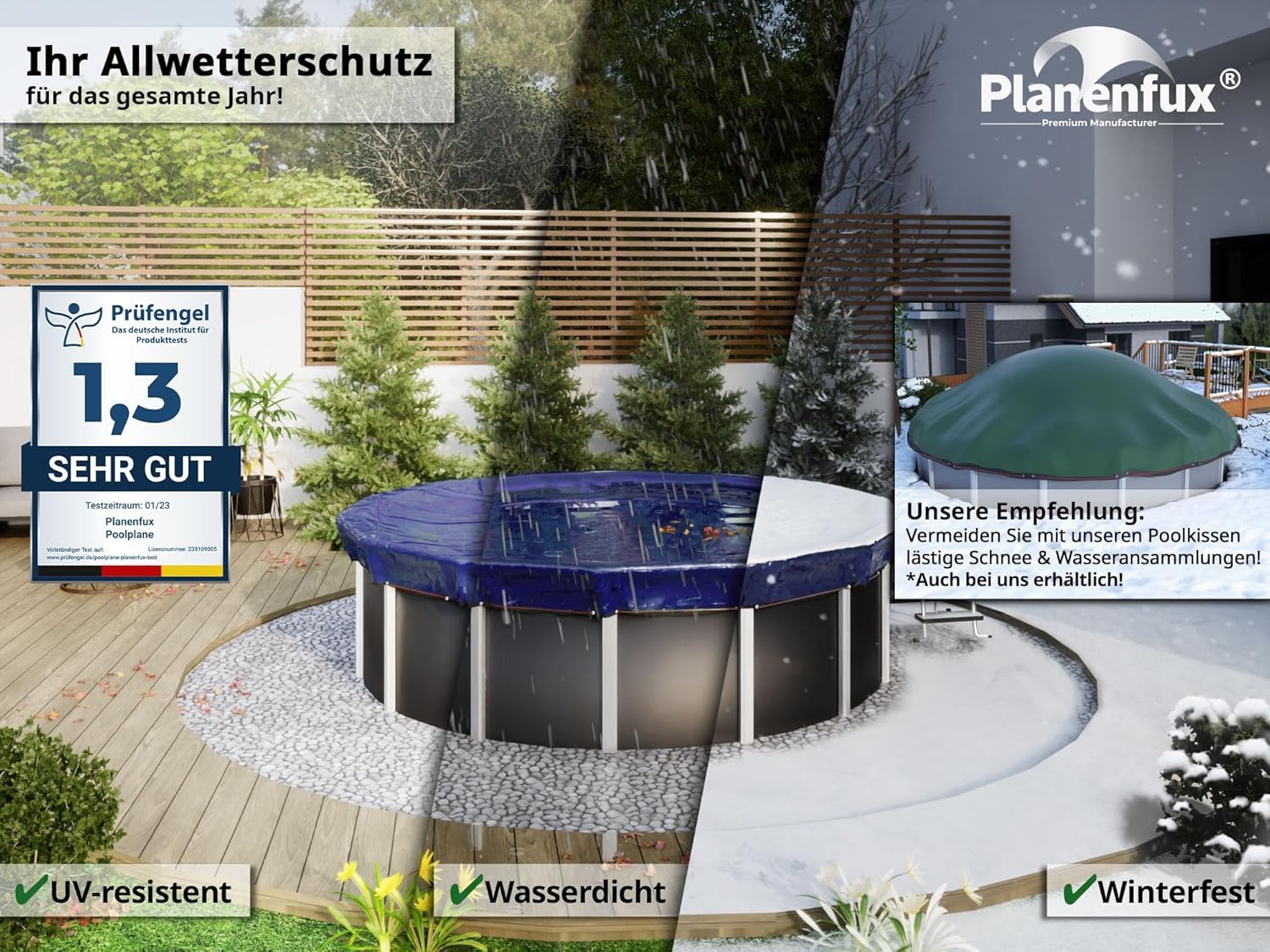 Planenfux® Poolafdekking rond 500 cm (voor Ø 460-500 cm bassins) | 2-in-1 zwembadplane van 200 g/m² PE materiaal | Zomer & winterplane zwembad | UV-resistente zonneplane afdekplane | Ø560cm ronde - Maat 560 cm (Rond)