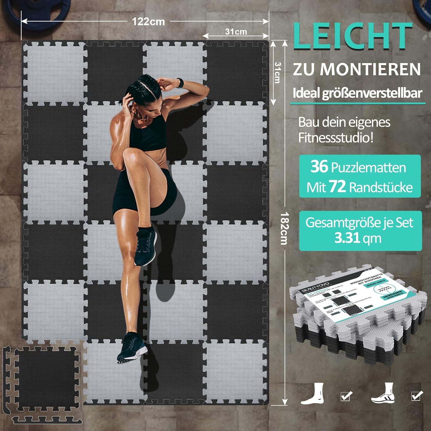 36x Fitness Bodem Puzzlematten 31x31cm Zwart & Grijs - 10mm Dikke Valbescherming