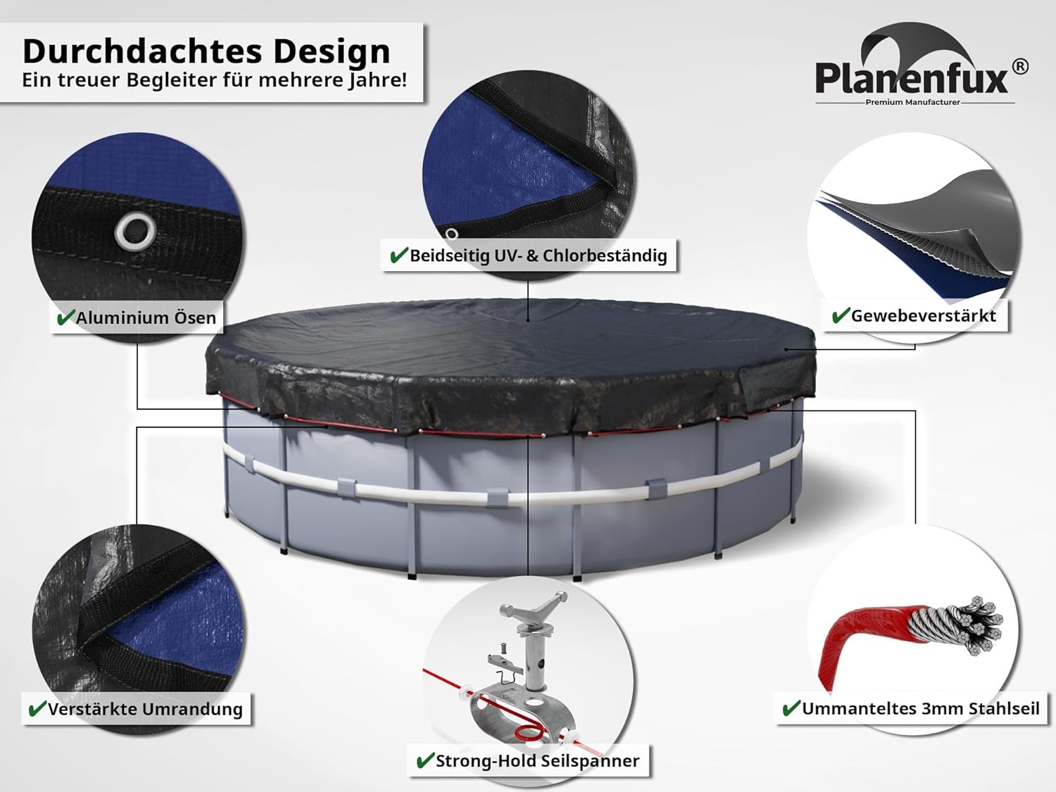 Planenfux® Poolafdekking rond 500 cm (voor Ø 460-500 cm bassins) | 2-in-1 zwembadplane van 200 g/m² PE materiaal | Zomer & winterplane zwembad | UV-resistente zonneplane afdekplane | Ø560cm ronde - Maat 560 cm (Rond)