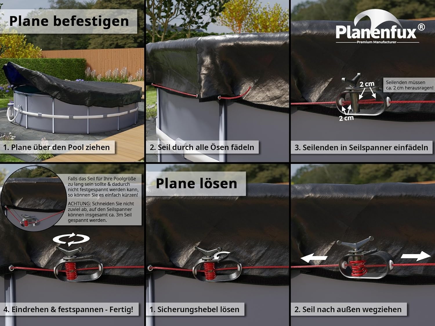 Planenfux® Poolafdekking rond 500 cm (voor Ø 460-500 cm bassins) | 2-in-1 zwembadplane van 200 g/m² PE materiaal | Zomer & winterplane zwembad | UV-resistente zonneplane afdekplane | Ø560cm ronde - Maat 560 cm (Rond)