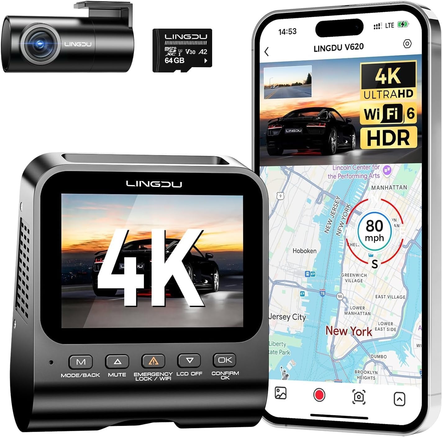 V620 Dashcam Voor en Achter 4K+1080P, WiFi GPS, Met 64GB SD-Kaart, Auto Camera Met Parking Monitor, Nachtzicht, WDR, ADAS, 170° Brede Hoek, G-Sensor, Loopopname, APP-Besturing