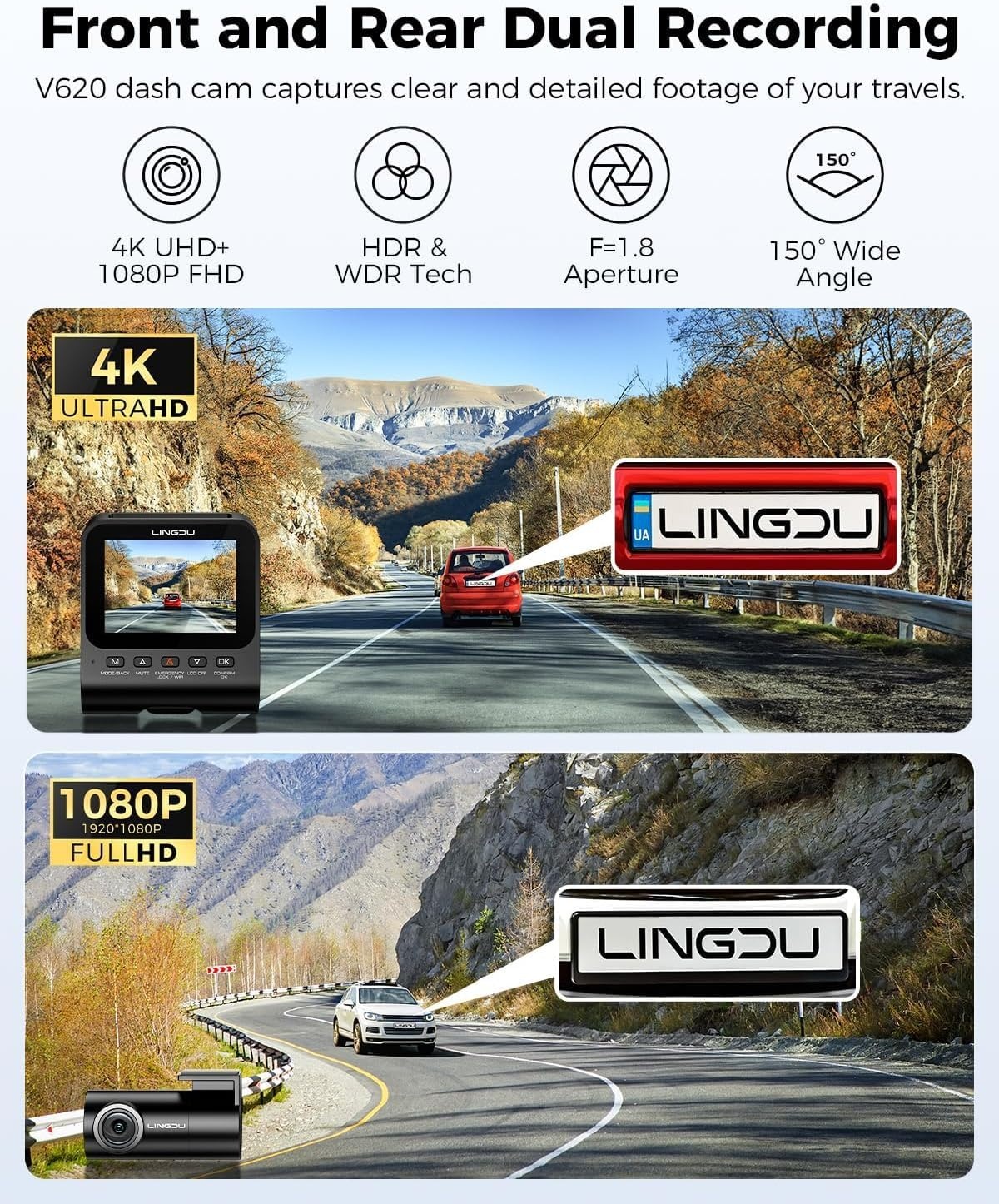 V620 Dashcam Voor en Achter 4K+1080P, WiFi GPS, Met 64GB SD-Kaart, Auto Camera Met Parking Monitor, Nachtzicht, WDR, ADAS, 170° Brede Hoek, G-Sensor, Loopopname, APP-Besturing