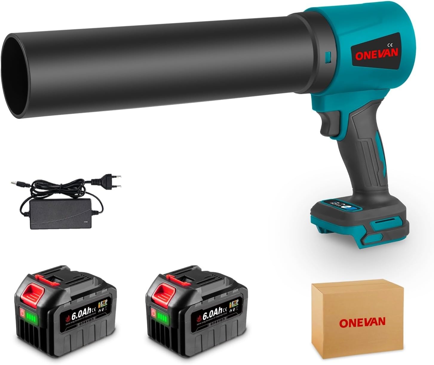 ONEVAN Turbo Blower Accu, 648 km/u Borstelloze Turbo Fan Luchtblazer met 2 6.0 Ah Accu's en Oplader, Blaasvermogen 2 KG, Elektrische Handblazer, Blazen van Bladeren, Sneeuw, Grind