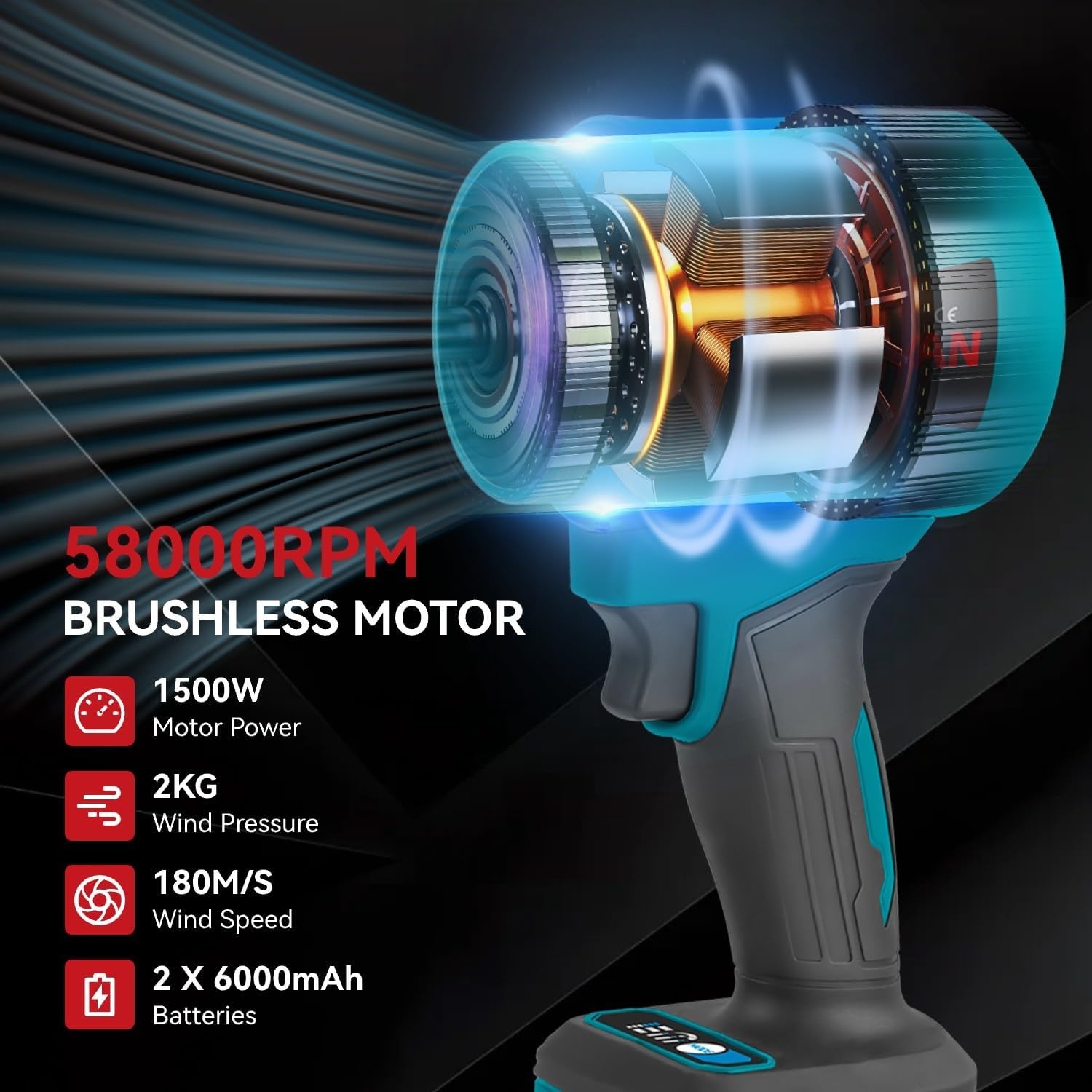 ONEVAN Turbo Blower Accu, 648 km/u Borstelloze Turbo Fan Luchtblazer met 2 6.0 Ah Accu's en Oplader, Blaasvermogen 2 KG, Elektrische Handblazer, Blazen van Bladeren, Sneeuw, Grind