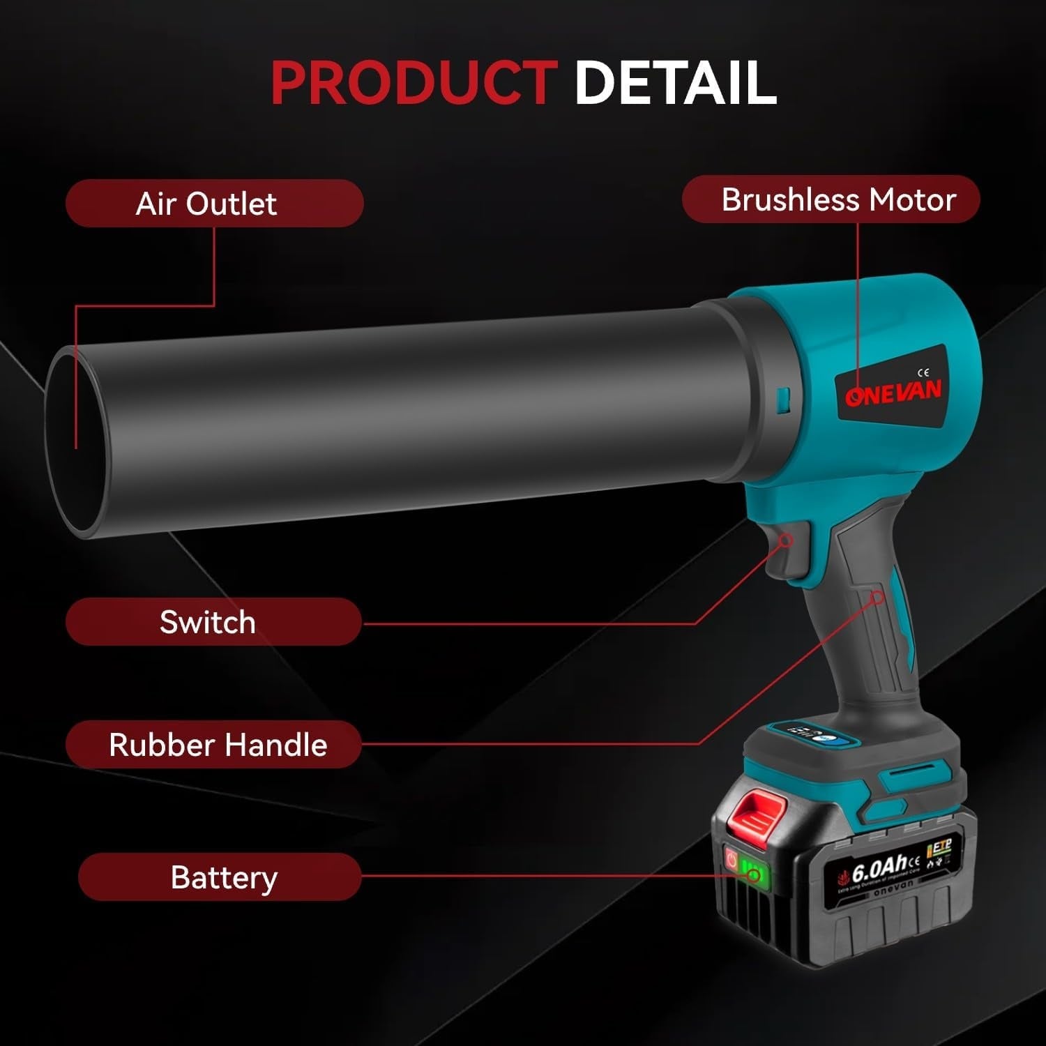 ONEVAN Turbo Blower Accu, 648 km/u Borstelloze Turbo Fan Luchtblazer met 2 6.0 Ah Accu's en Oplader, Blaasvermogen 2 KG, Elektrische Handblazer, Blazen van Bladeren, Sneeuw, Grind
