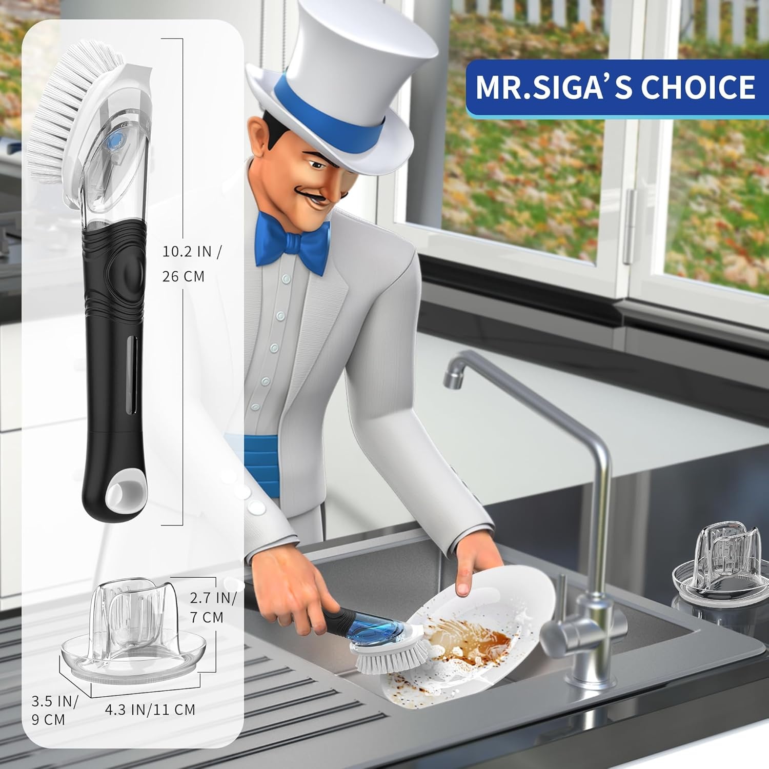 MR.SIGA Zeep Dispensing Dish Brush Opbergset, Keukenborstel met Houder voor Pannen Gootsteen Schoonmaken