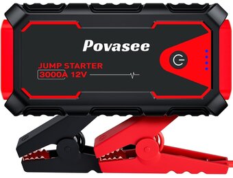 Povasee Starthulp powerbank, 3000 A autostarthulp voor 12 V voertuigen (tot 10 l benzine/8 l diesel), starter powerbank met led, 2 snelladen, USB-uitgangen, accujumpstarter met startkabel
