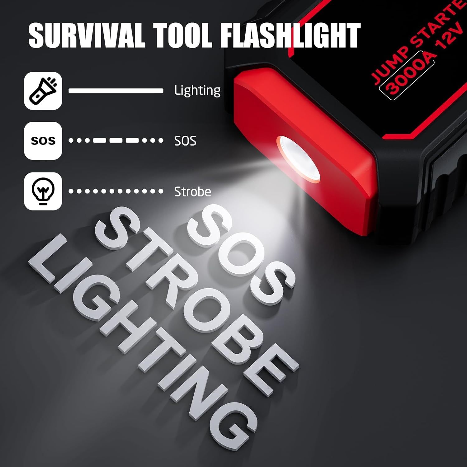 Povasee Starthulp powerbank, 3000 A autostarthulp voor 12 V voertuigen (tot 10 l benzine/8 l diesel), starter powerbank met led, 2 snelladen, USB-uitgangen, accujumpstarter met startkabel