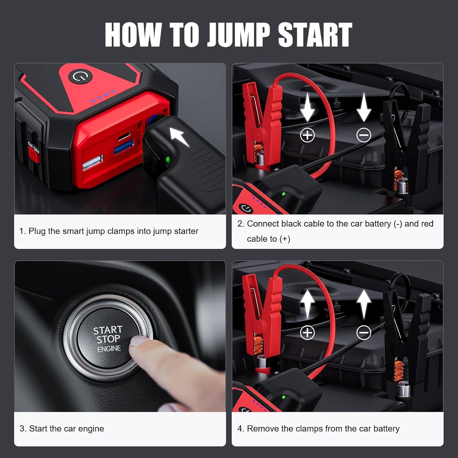 Povasee Starthulp powerbank, 3000 A autostarthulp voor 12 V voertuigen (tot 10 l benzine/8 l diesel), starter powerbank met led, 2 snelladen, USB-uitgangen, accujumpstarter met startkabel