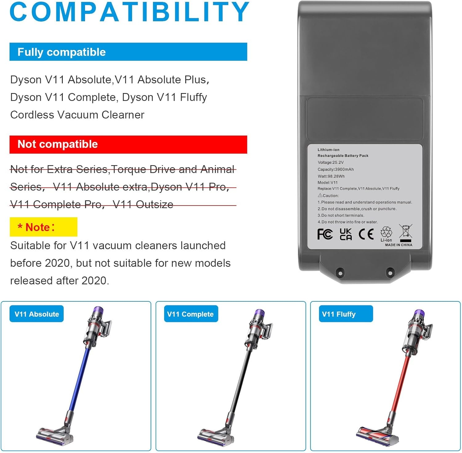 LabTEC V11 Li-ion reserveaccu voor Dyson V11 (Screw in type), 25,2 V 3900 mAh batterij voor Dyson SV14 Absolute Complete Fluffy Cordless stofzuiger met led (niet voor Button Style)