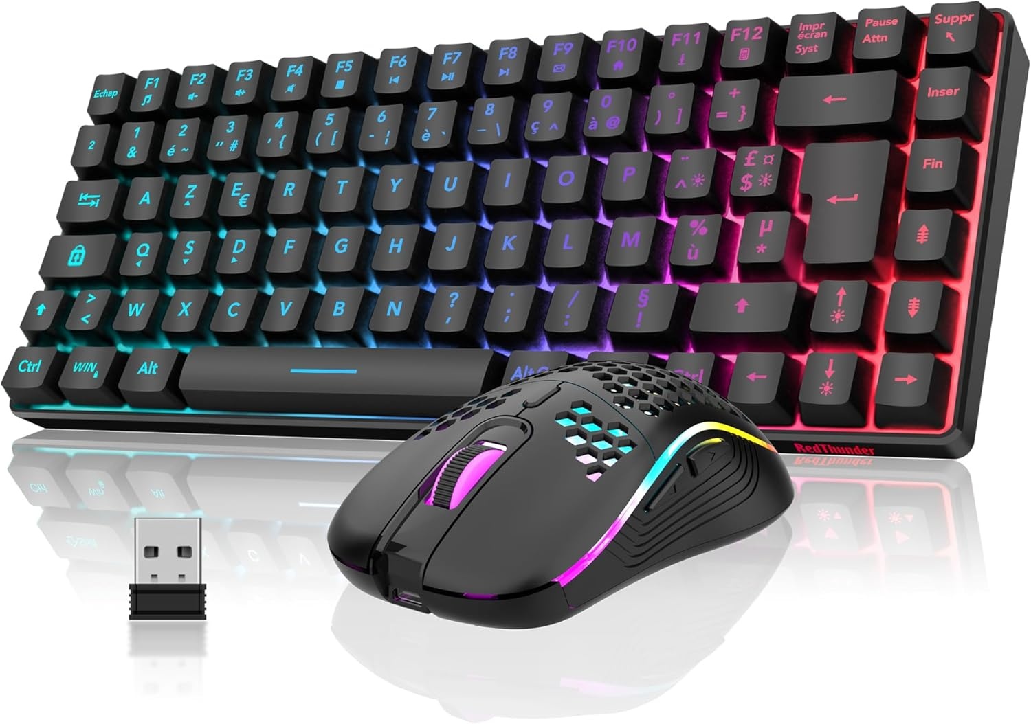 RedThunder K84 Combo USB-toetsenbord en muis, draadloos, gamer, Franse AZERTY, oplaadbare RGB-batterij met achtergrondverlichting, 75% TKL-toetsenbord en lichte optische muis van honingraat 3200 dpi