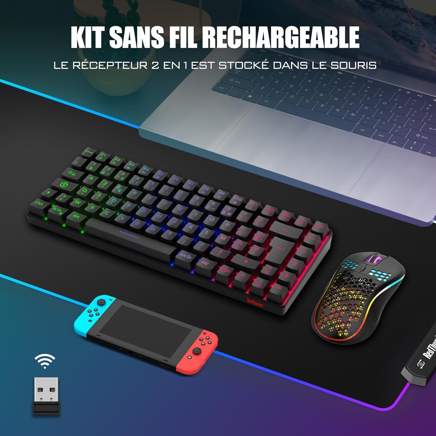 RedThunder K84 Combo USB-toetsenbord en muis, draadloos, gamer, Franse AZERTY, oplaadbare RGB-batterij met achtergrondverlichting, 75% TKL-toetsenbord en lichte optische muis van honingraat 3200 dpi
