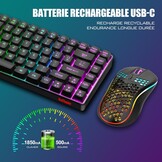 RedThunder K84 Combo USB-toetsenbord en muis, draadloos, gamer, Franse AZERTY, oplaadbare RGB-batterij met achtergrondverlichting, 75% TKL-toetsenbord en lichte optische muis van honingraat 3200 dpi