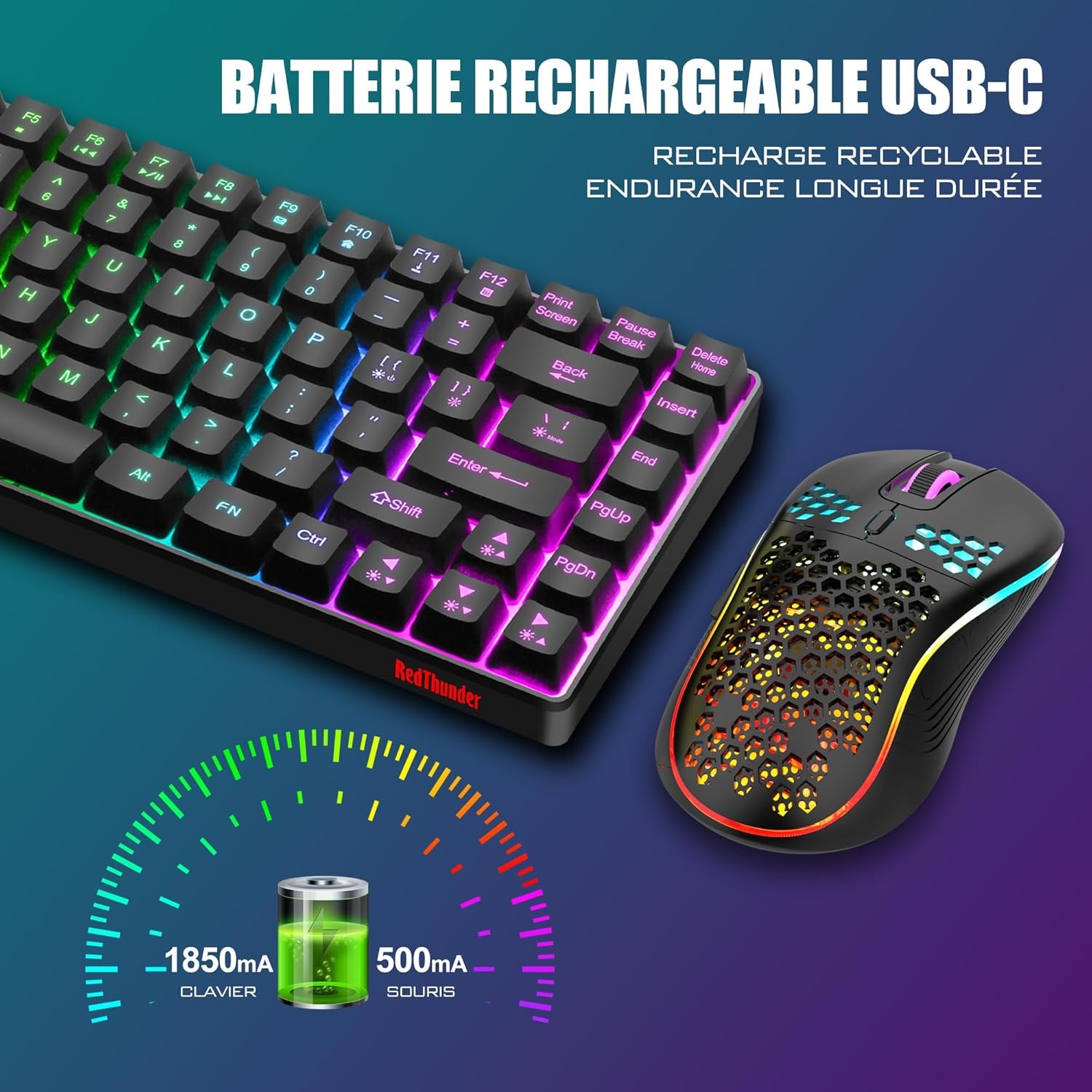 RedThunder K84 Combo USB-toetsenbord en muis, draadloos, gamer, Franse AZERTY, oplaadbare RGB-batterij met achtergrondverlichting, 75% TKL-toetsenbord en lichte optische muis van honingraat 3200 dpi
