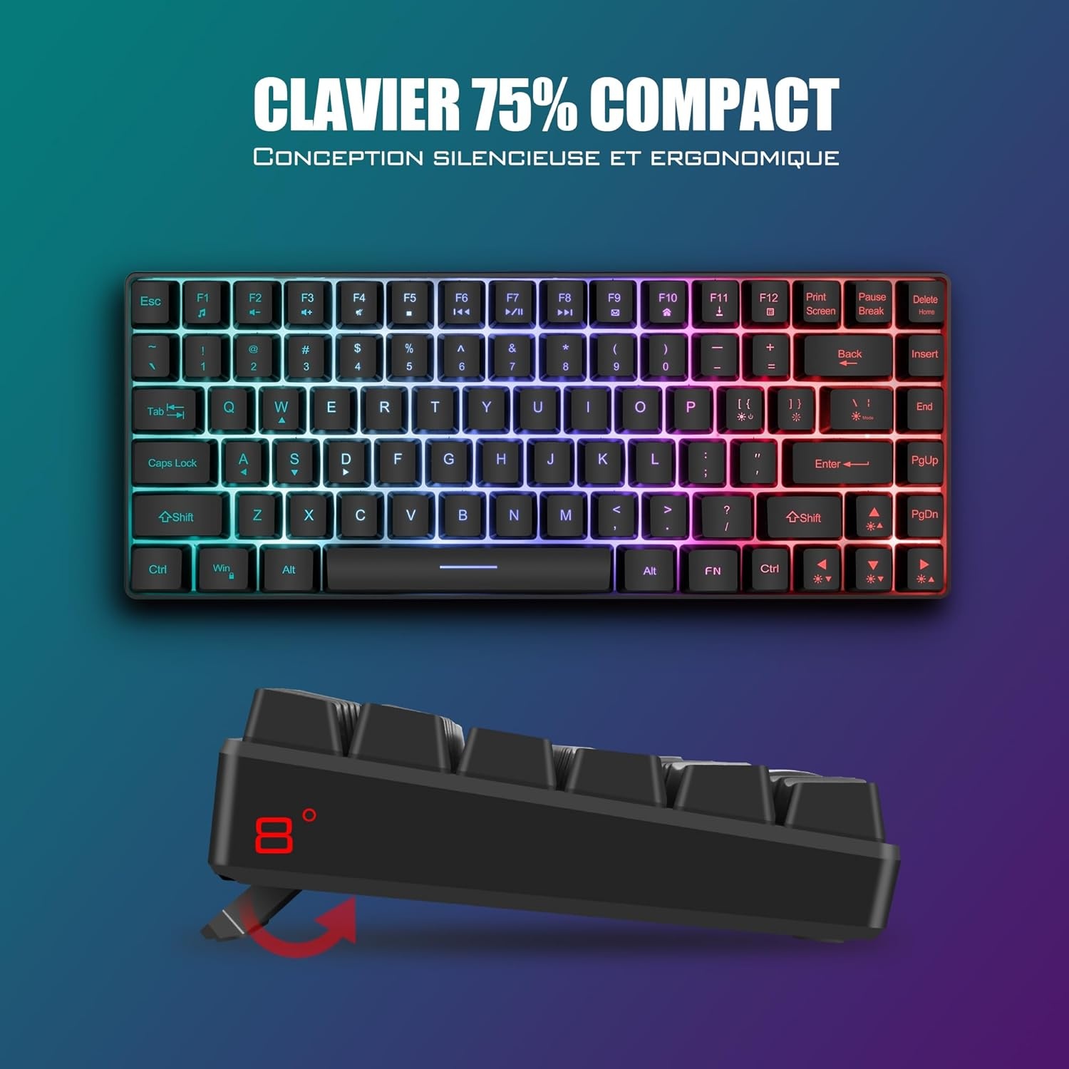 RedThunder K84 Combo USB-toetsenbord en muis, draadloos, gamer, Franse AZERTY, oplaadbare RGB-batterij met achtergrondverlichting, 75% TKL-toetsenbord en lichte optische muis van honingraat 3200 dpi