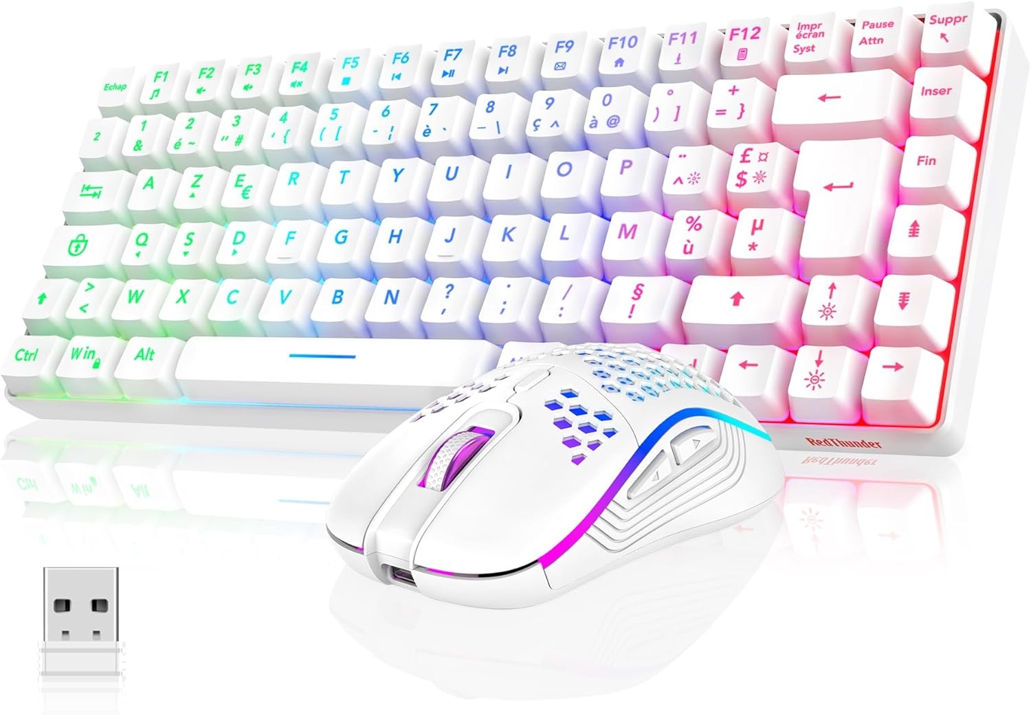 RedThunder K84 Combo USB-toetsenbord en muis, draadloos, gamer, Franse AZERTY, oplaadbare RGB-batterij met achtergrondverlichting, 75% TKL-toetsenbord en lichte optische muis van honingraat 3200 dpi