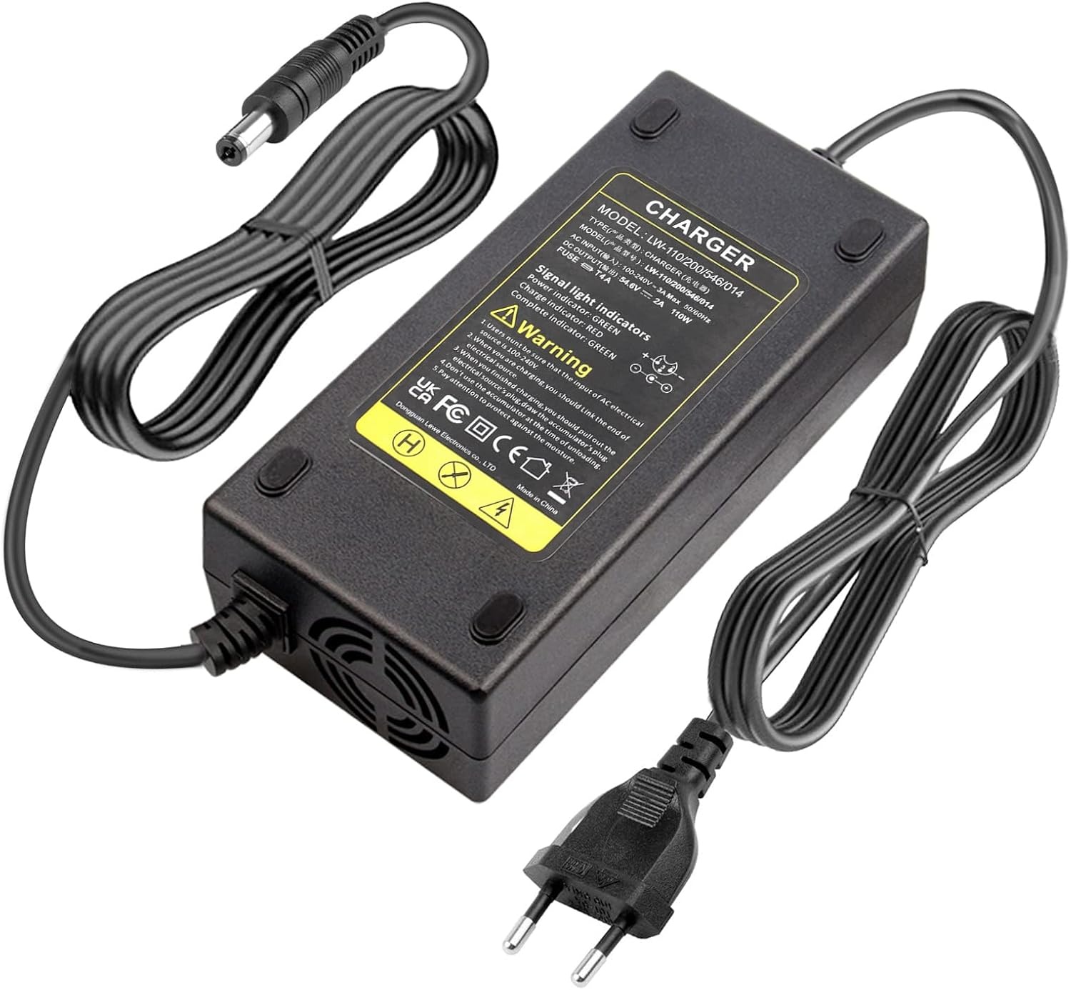 Labtec 54,6 V 48 V 2 A lader oplaadkabel voor 48 V 2 A 13S Li-on accu's e-bike elektrische fiets Pedelec hoverboard zelfbalancerende scooter voeding, 5,5 x 2,1 mm