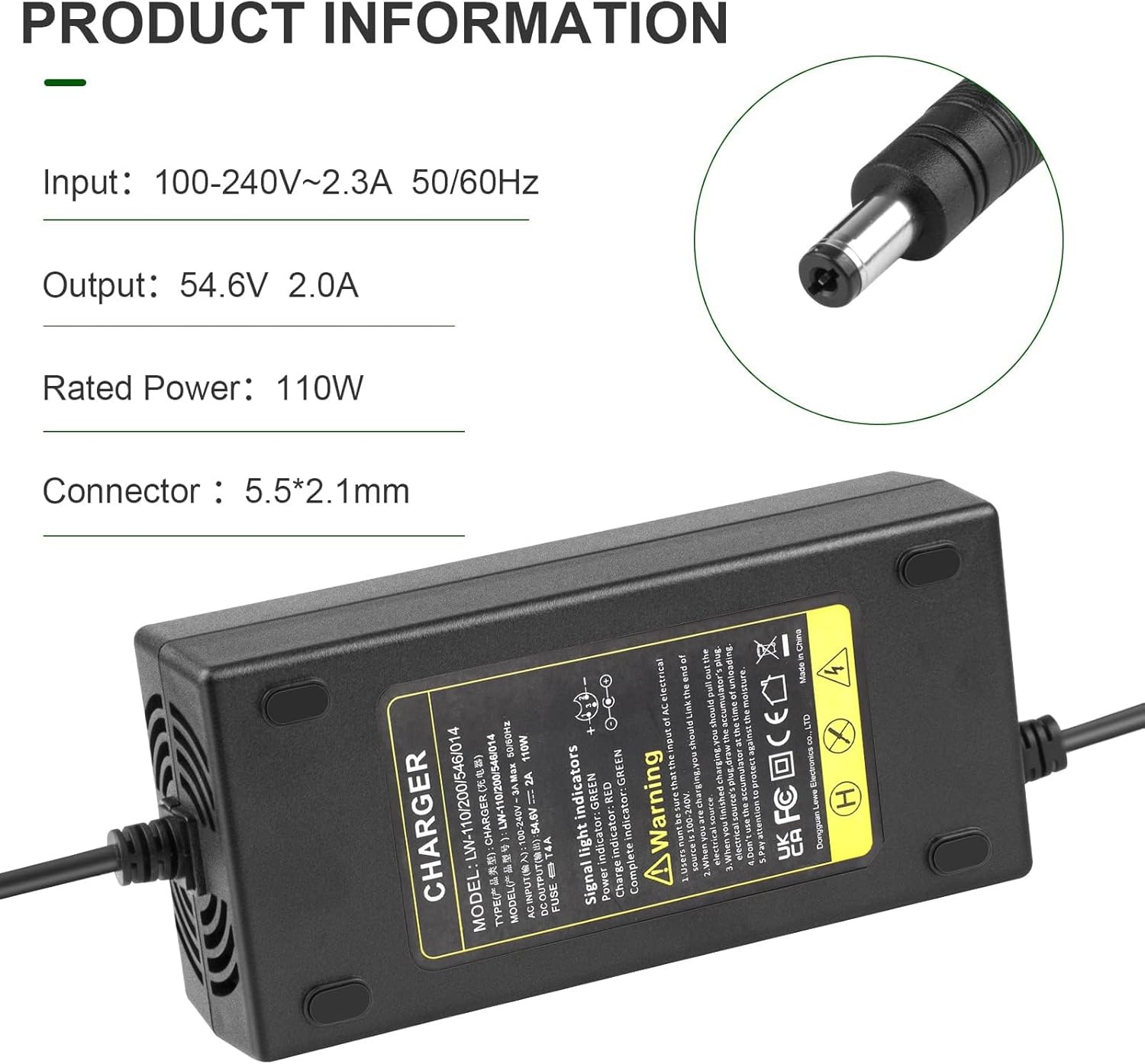 Labtec 54,6 V 48 V 2 A lader oplaadkabel voor 48 V 2 A 13S Li-on accu's e-bike elektrische fiets Pedelec hoverboard zelfbalancerende scooter voeding, 5,5 x 2,1 mm