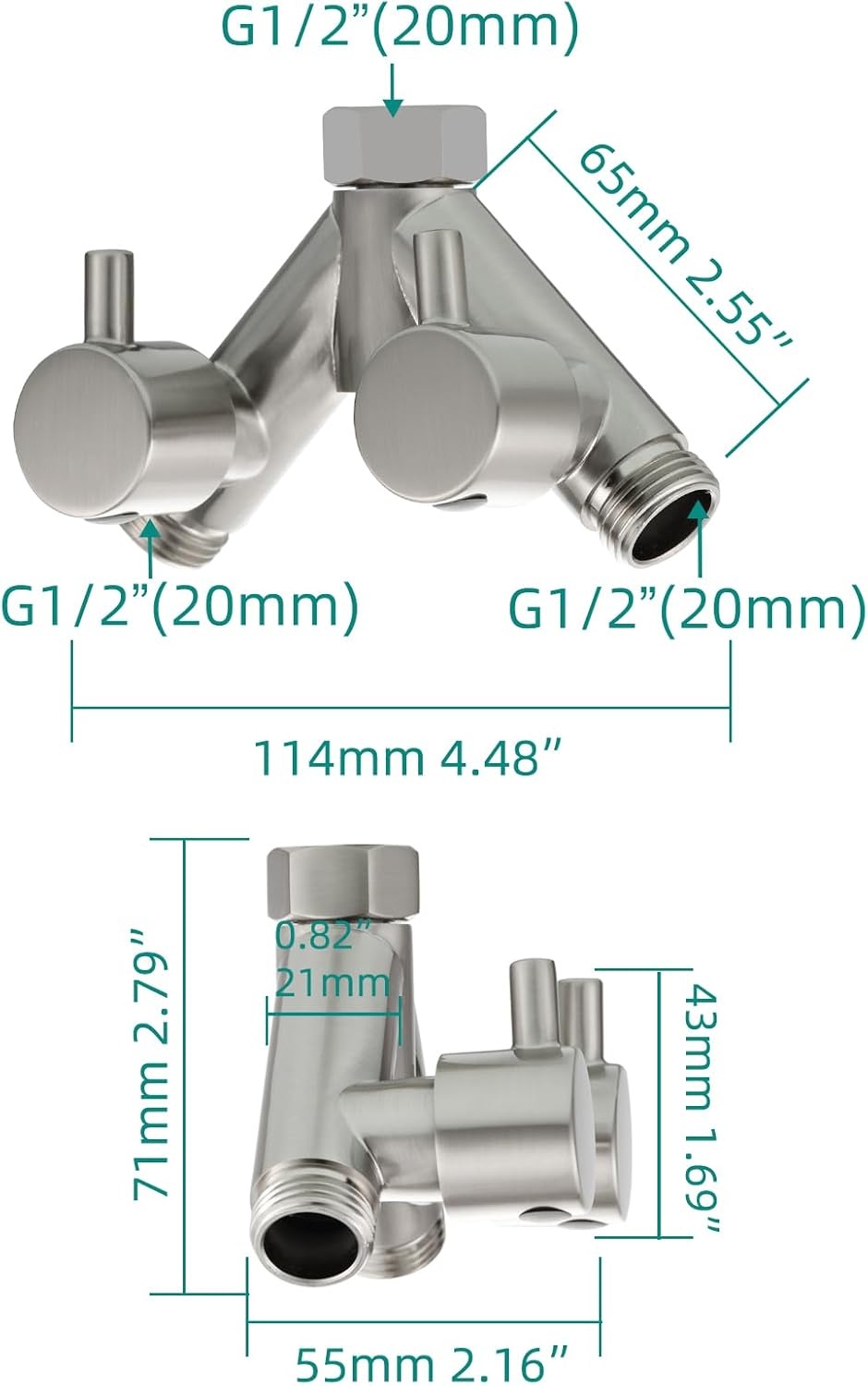 Tecmolog Messing omstelventiel doucheafsluitventiel 2-weg Y-verdeler 1/2 inch voor doucheslang en douchekop, chroom, DSF014A
