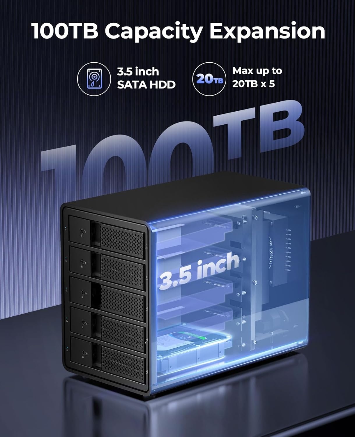 ORICO RAID 5 Bay harde-schijfbehuizing, USB 3.0 naar SATA externe HDD-behuizing voor 3,5 inch HDD/SSD harde schijven, ondersteunt RAID 0/1/3/5/10, Max 80 TB (9558RU3)