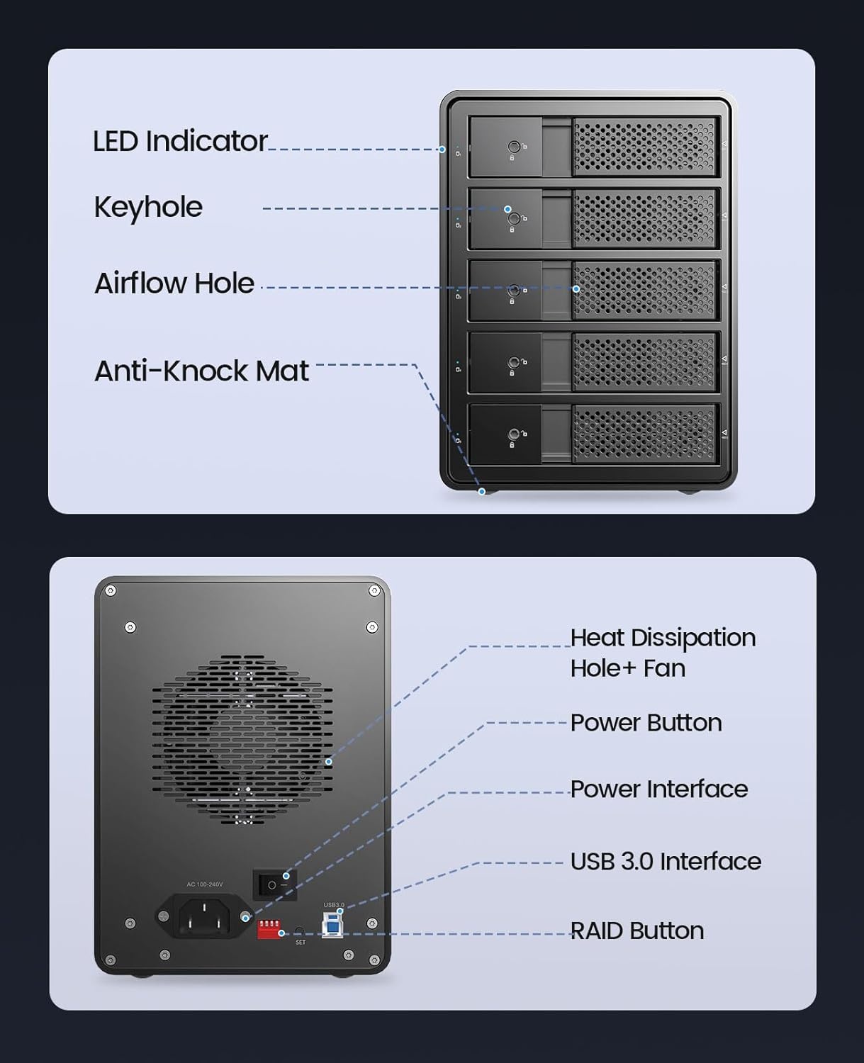 ORICO RAID 5 Bay harde-schijfbehuizing, USB 3.0 naar SATA externe HDD-behuizing voor 3,5 inch HDD/SSD harde schijven, ondersteunt RAID 0/1/3/5/10, Max 80 TB (9558RU3)