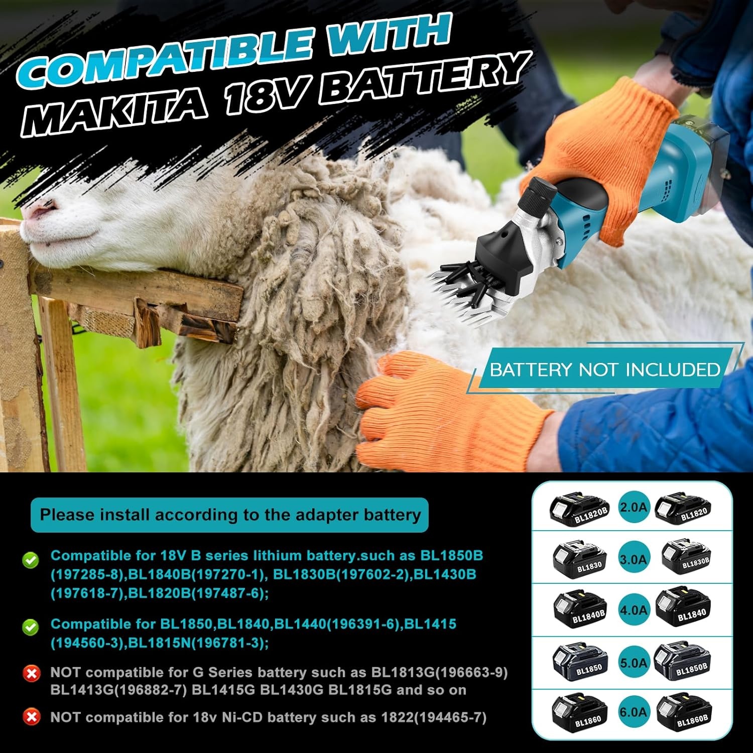 Accu-schapenschaar met 2 messen, 550 W, 2800 tpm Elektrische schapenschaar compatibel met Makita 18 V-accu (zonder accu), verzorgingsset voor schapen, geiten en runderen