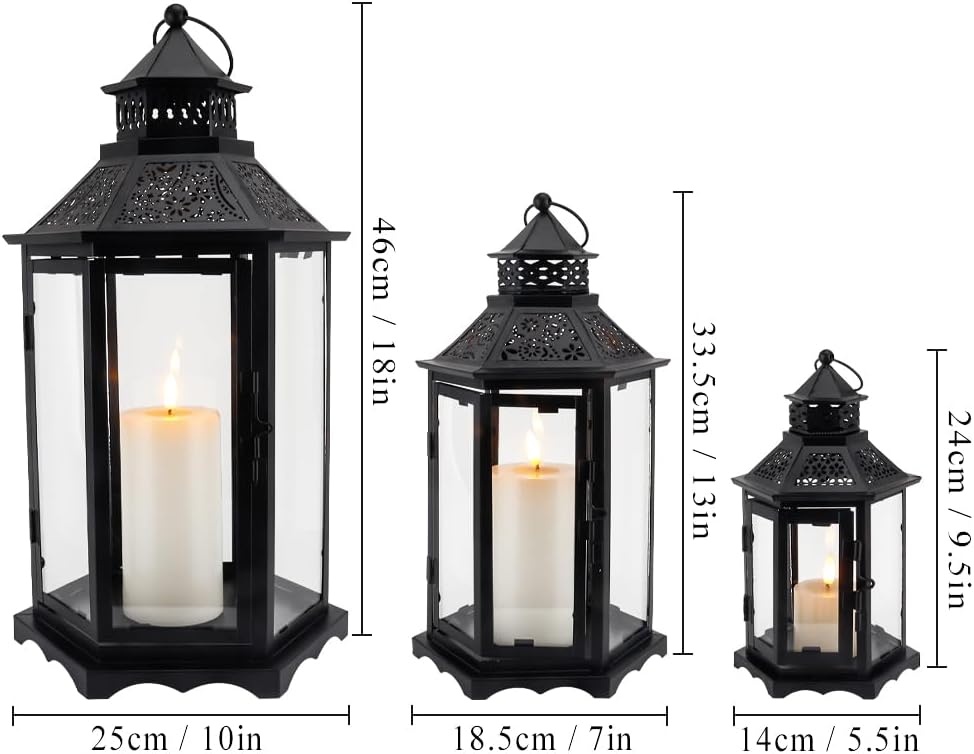 TRIROCKS Set van 3 Decoratieve Kaarslantaarns 46 & 33.5 & 24cm Hoog Grote Vintage Metaal Kandelaarhouders met Versterkt Glas voor Kerstmis Woonkamer Tuin Patio Evenement Binnen Buiten (Zwart)