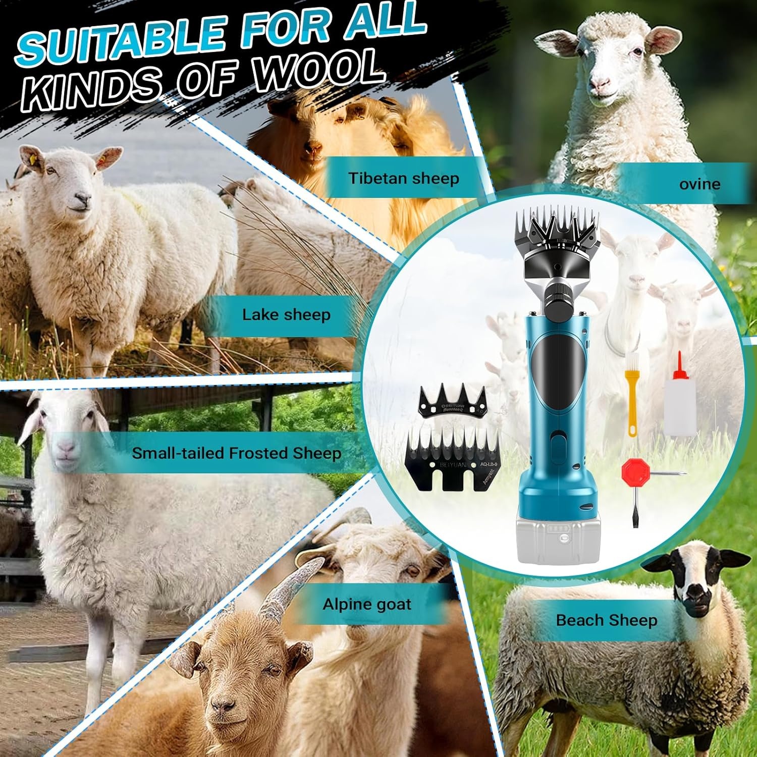 Accu-schapenschaar met 2 messen, 550 W, 2800 tpm Elektrische schapenschaar compatibel met Makita 18 V-accu (zonder accu), verzorgingsset voor schapen, geiten en runderen