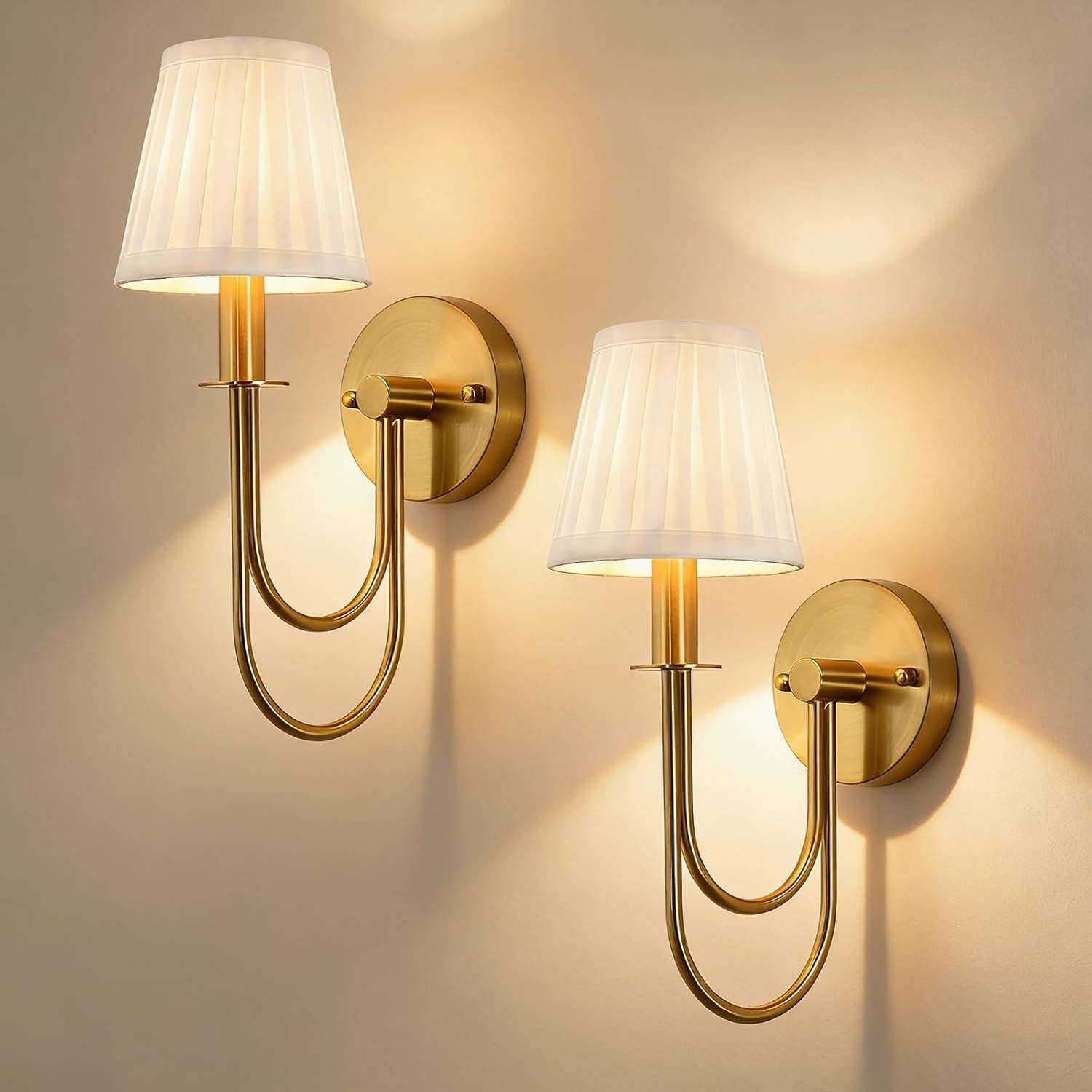 Set van 2 Vintage Wandlampen Messing Goud E27 met Linnen Kap - 29% Korting