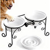 Dubbele Verhoogde Voerbak Honden Large - Aardewerk - Almond - 34% Korting