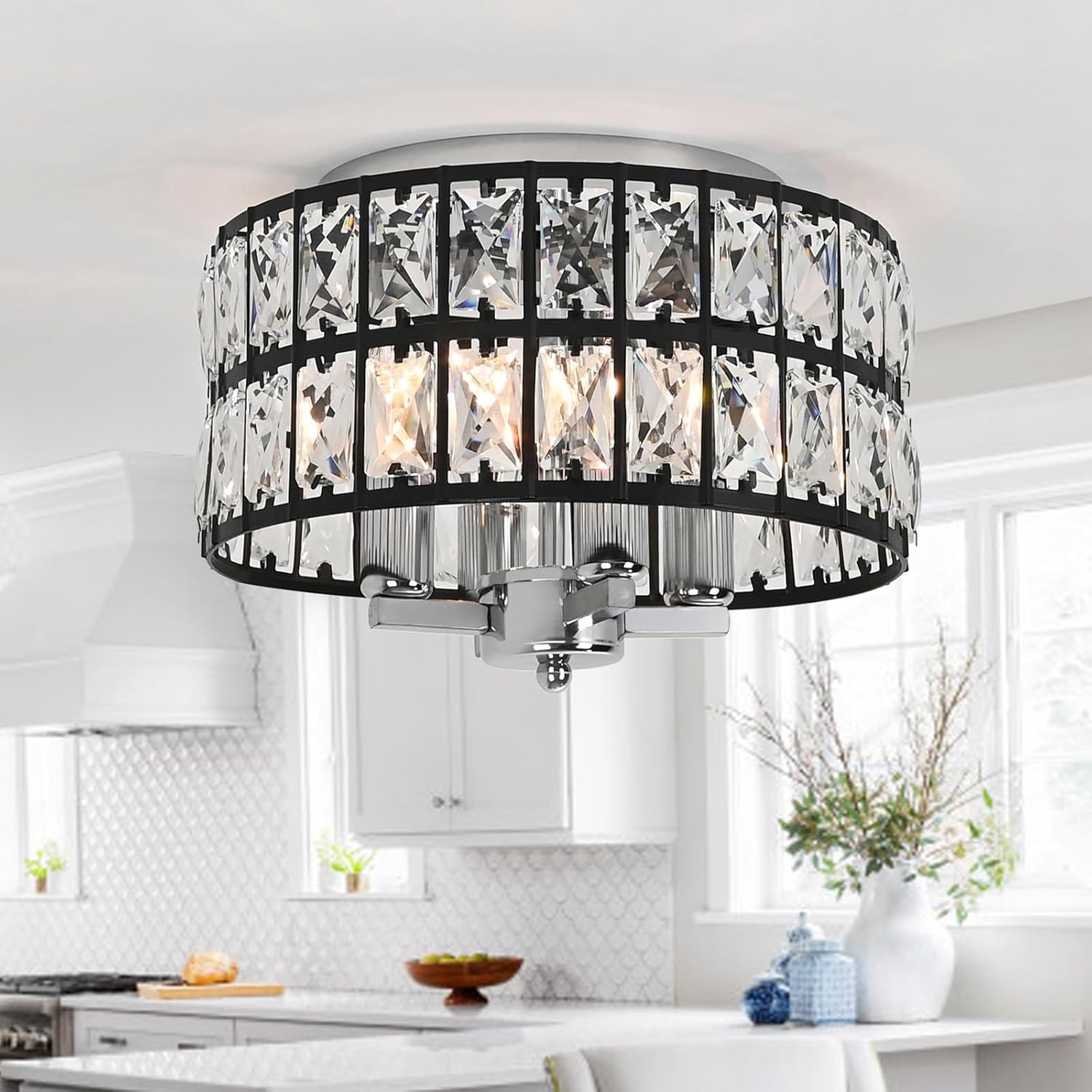 Moderne Kristallen Plafondlamp (4x E14, Dimbare Verlichting) - Chroom/Zwart Metaal