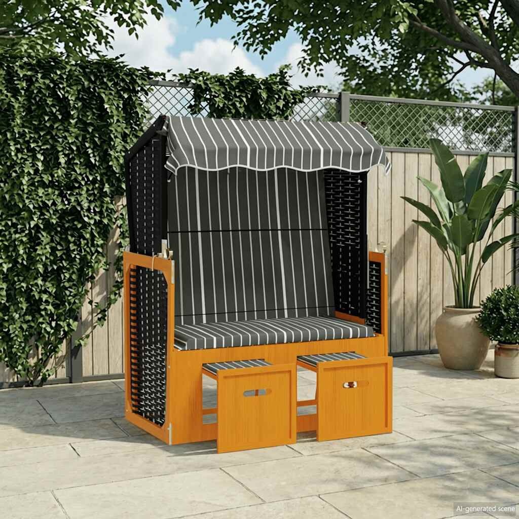 Strandstoel met luifel, polyrattan & hout - Zwart/Grijs (35% korting)