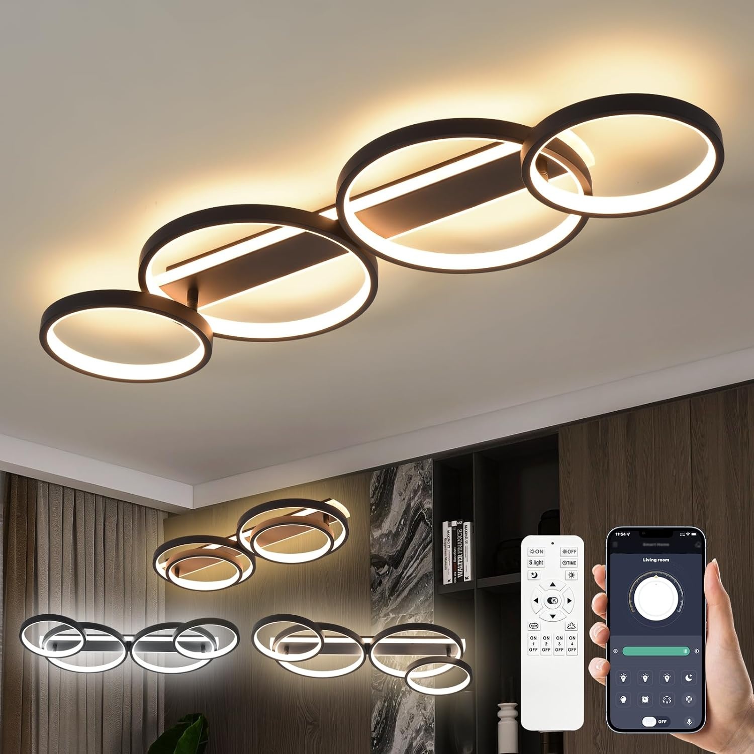 Dimbare LED Plafondlamp Ringvormig 48W Zwart met App & Afstandsbediening (34% korting)