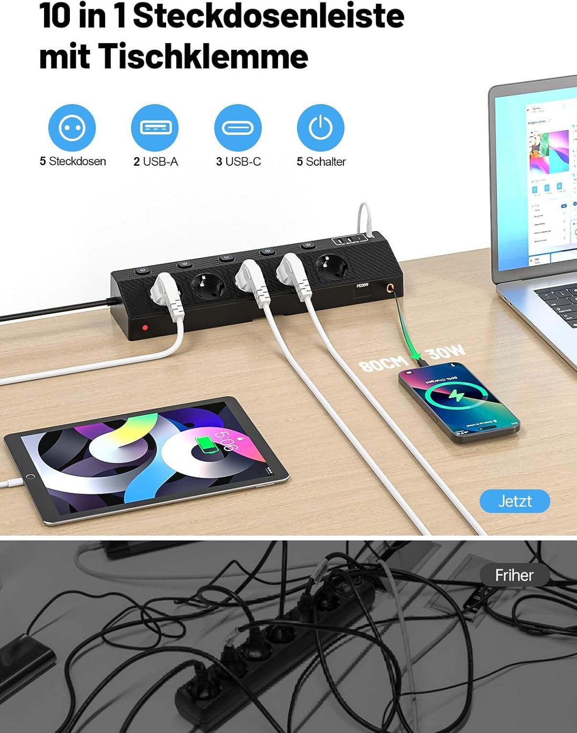 Tafelstekkerdoos met 5 stopcontacten, 2x USB-C PD 30W, 5m kabel, klembaar (-33%)