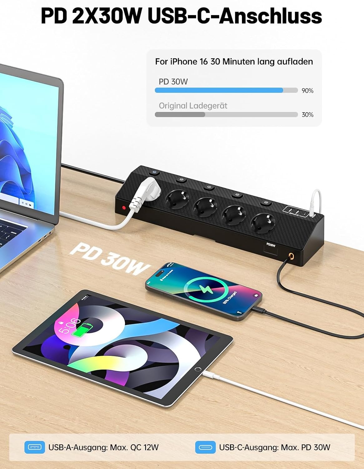 Tafelstekkerdoos met 5 stopcontacten, 2x USB-C PD 30W, 5m kabel, klembaar (-33%)