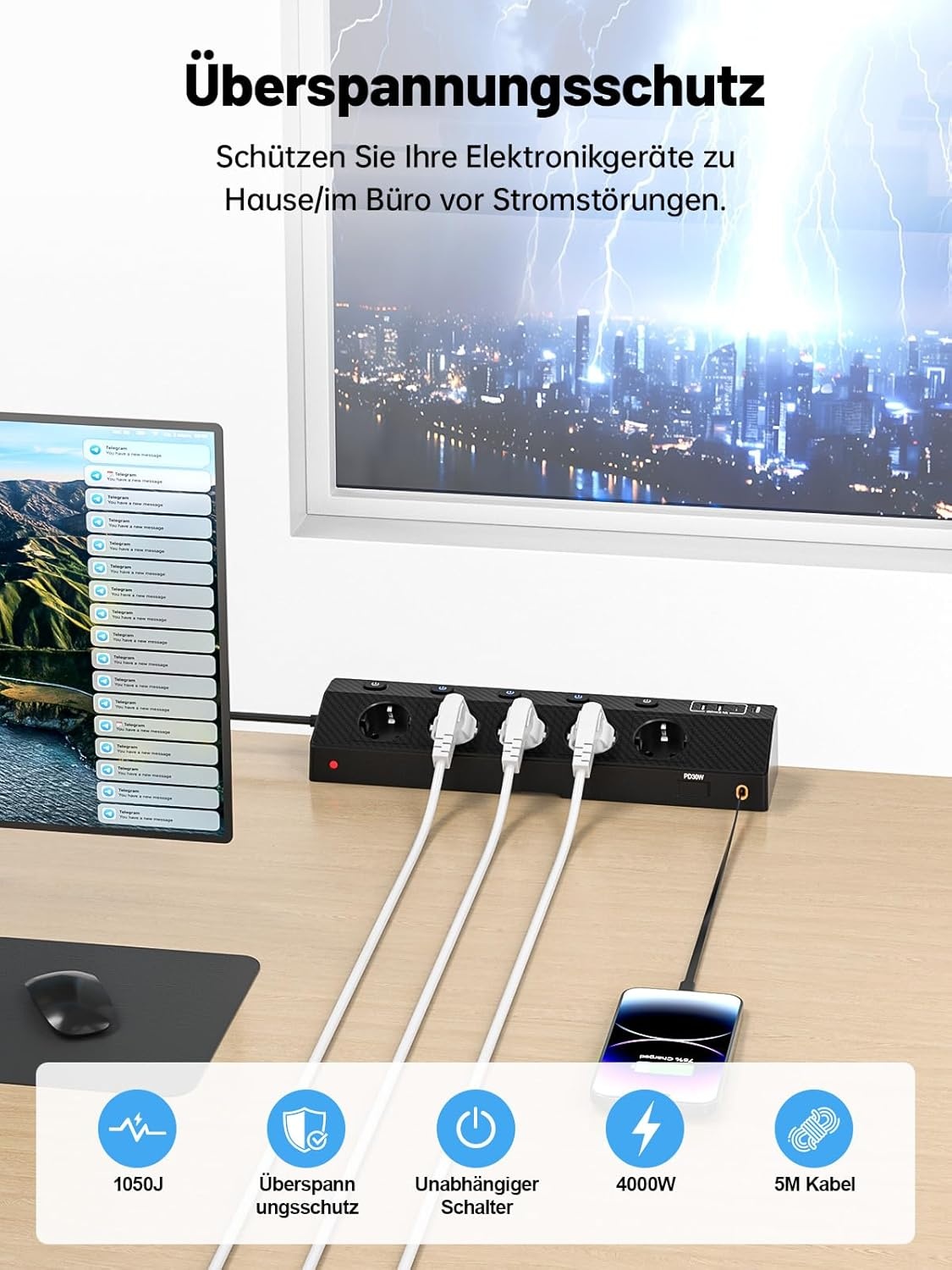 Tafelstekkerdoos met 5 stopcontacten, 2x USB-C PD 30W, 5m kabel, klembaar (-33%)