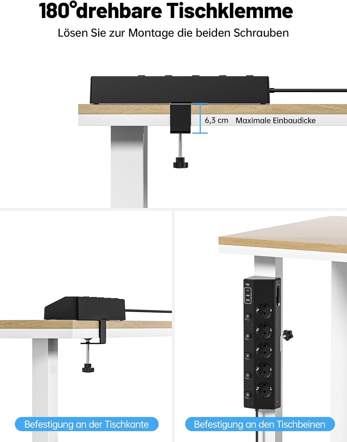 Tafelstekkerdoos met 5 stopcontacten, 2x USB-C PD 30W, 5m kabel, klembaar (-33%)