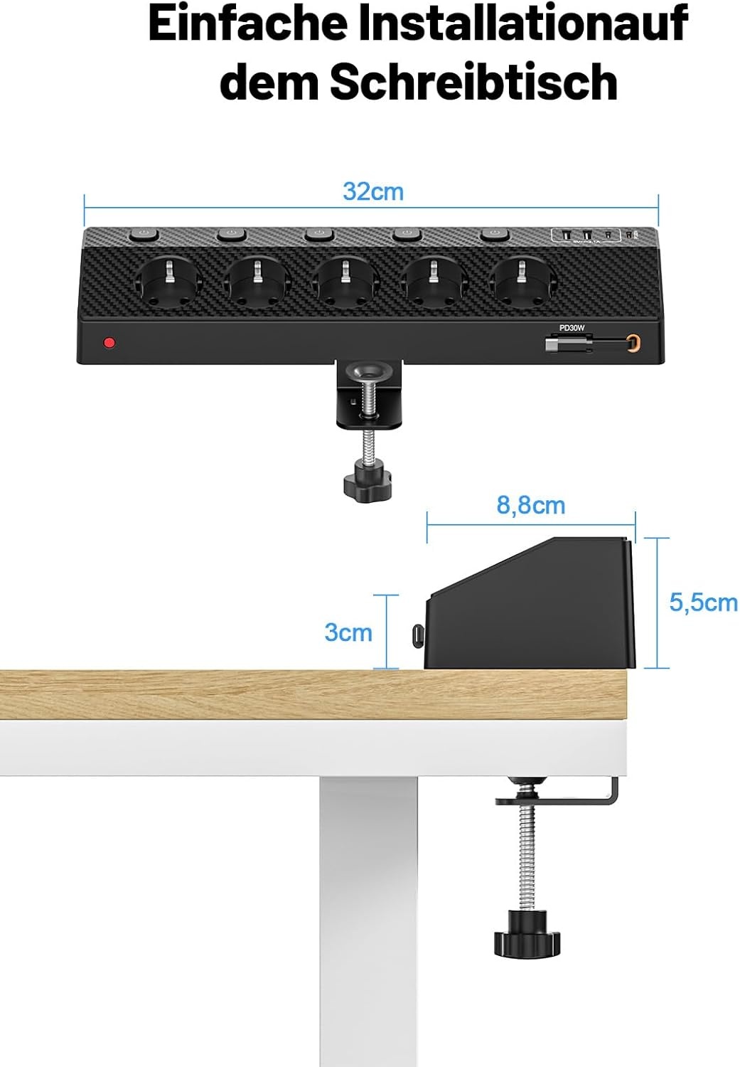 Tafelstekkerdoos met 5 stopcontacten, 2x USB-C PD 30W, 5m kabel, klembaar (-33%)