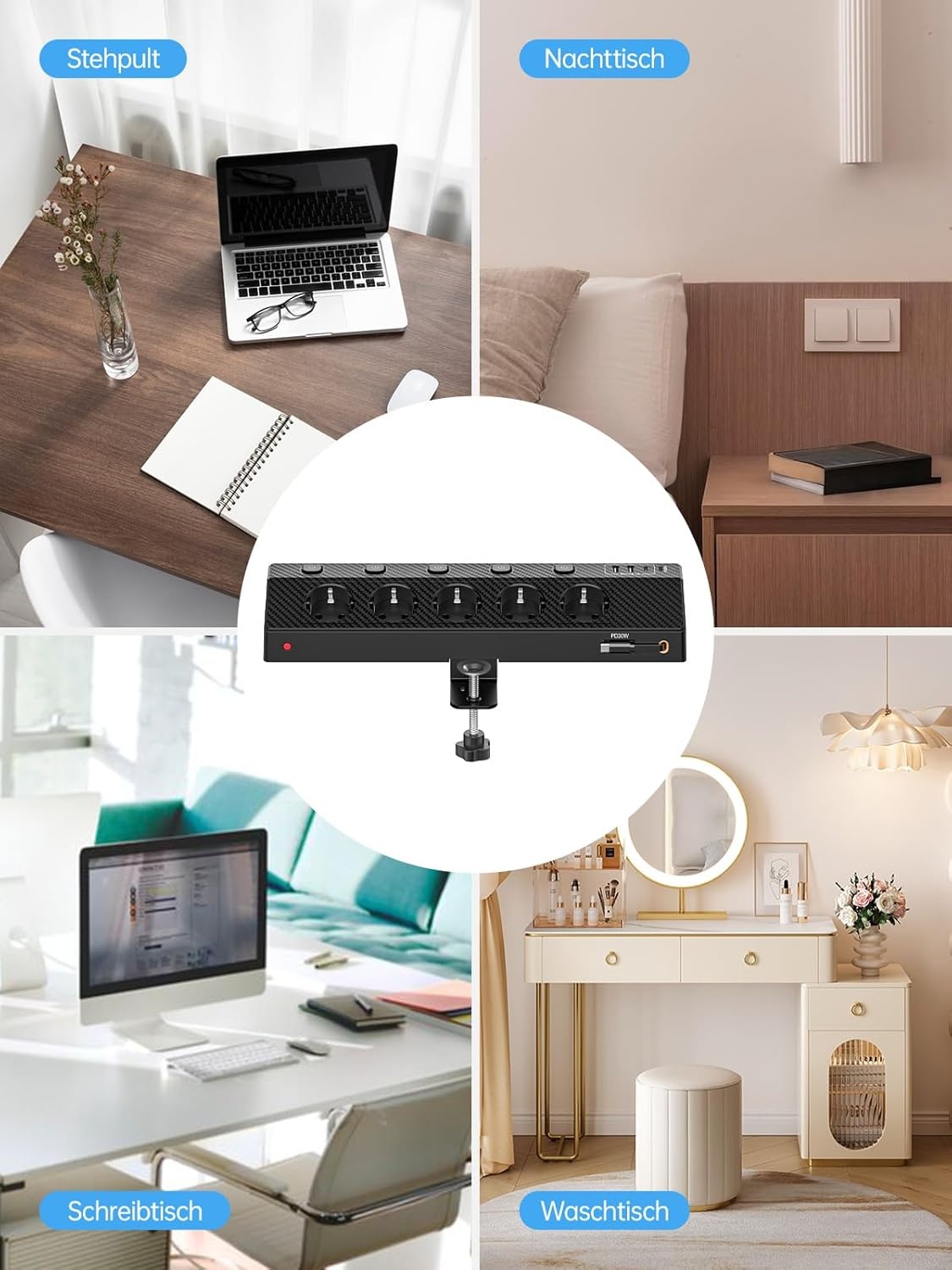 Tafelstekkerdoos met 5 stopcontacten, 2x USB-C PD 30W, 5m kabel, klembaar (-33%)