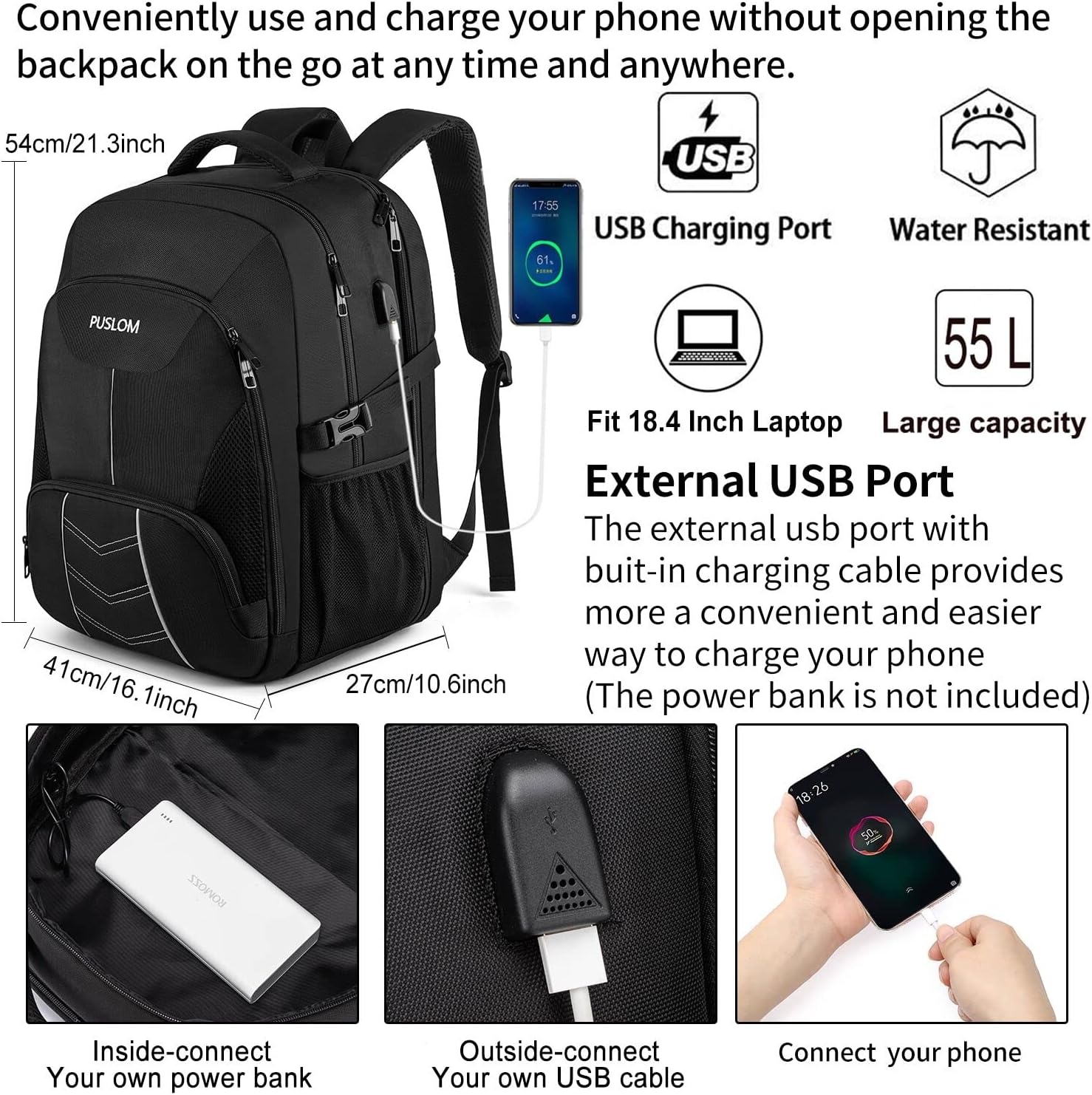 Ruime Zwarte Laptoprugzak 55L | Waterdicht & USB | 34% Korting