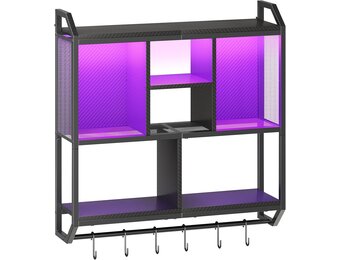 Zwevende Wandplank met LED, 4 Lagen, 6 Haken, Zwart Metaal/Spaanplaat - 34% Korting