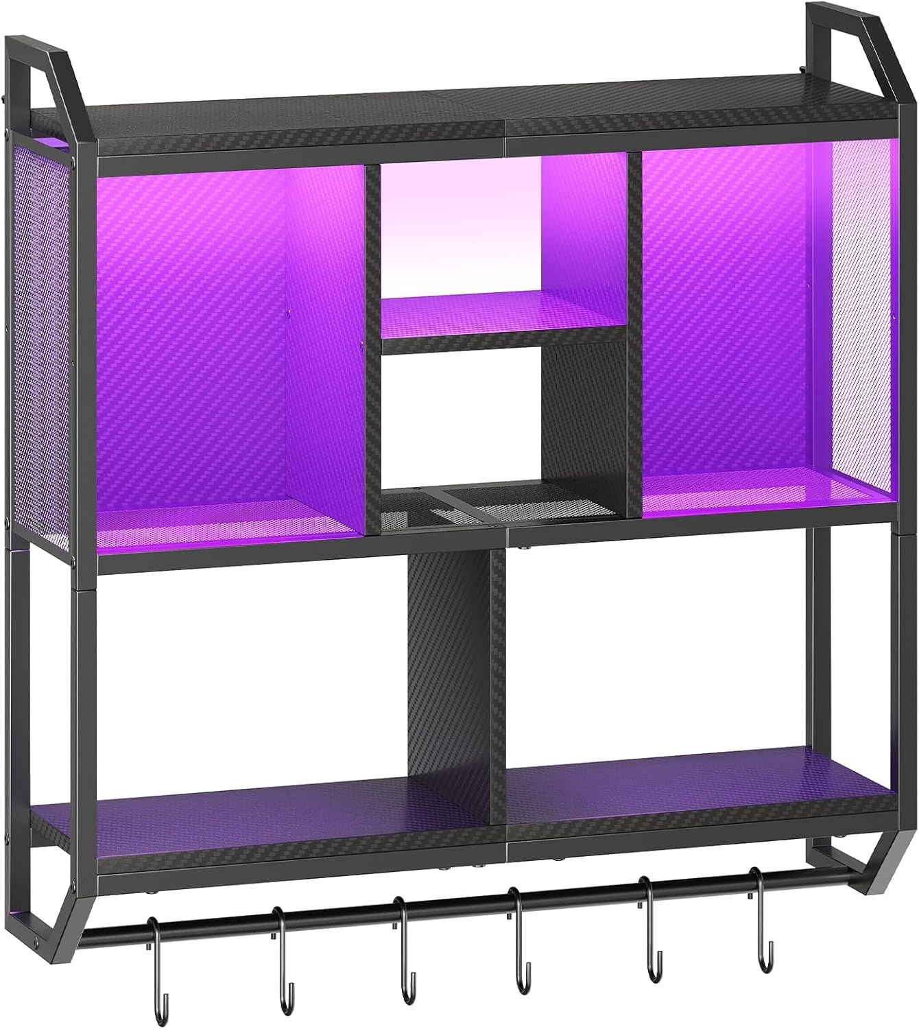 Zwevende Wandplank met LED, 4 Lagen, 6 Haken, Zwart Metaal/Spaanplaat - 34% Korting