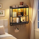Zwevende Wandplank met LED, 4 Lagen, 6 Haken, Zwart Metaal/Spaanplaat - 34% Korting