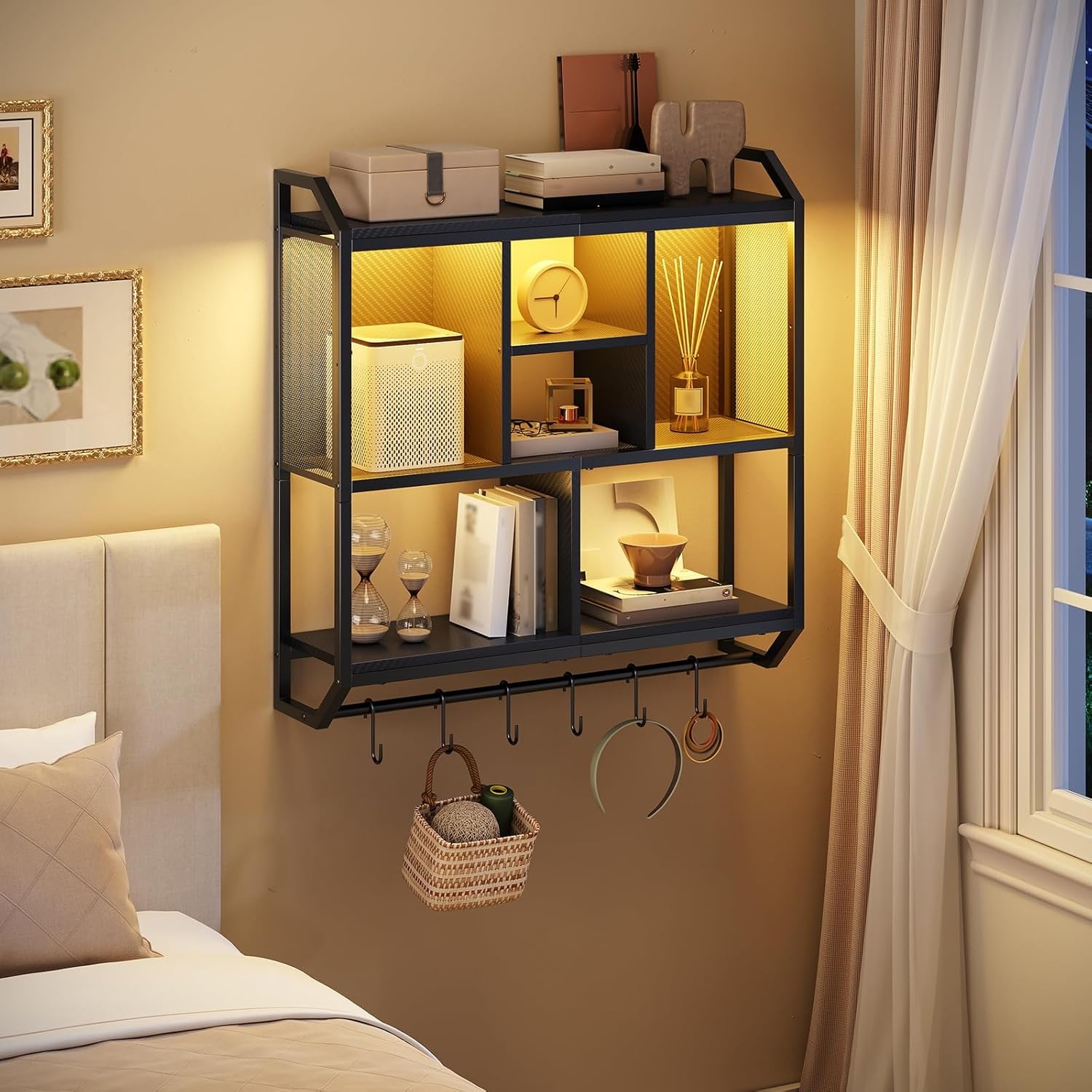 Zwevende Wandplank met LED, 4 Lagen, 6 Haken, Zwart Metaal/Spaanplaat - 34% Korting