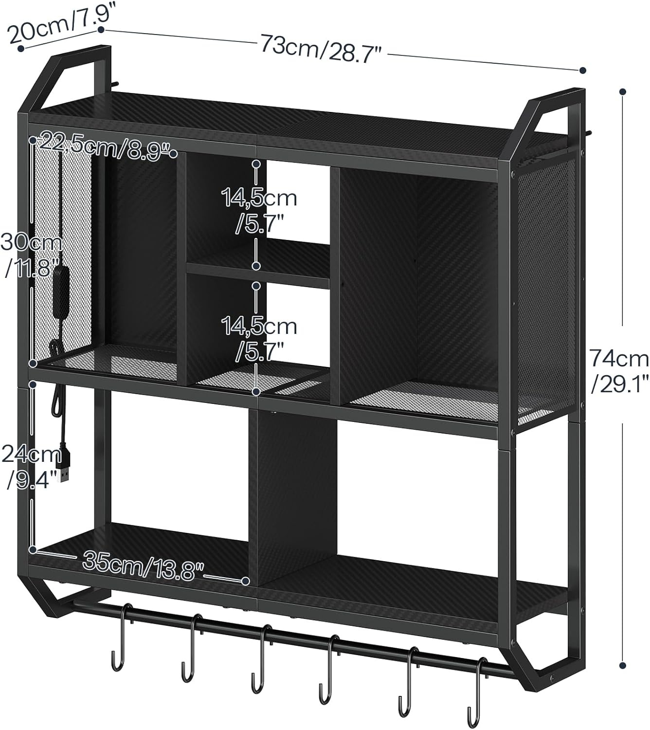 Zwevende Wandplank met LED, 4 Lagen, 6 Haken, Zwart Metaal/Spaanplaat - 34% Korting